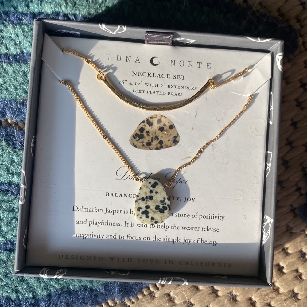 Luna Norte Dalmatian Jasper necklace representing balance, positivity, and joy